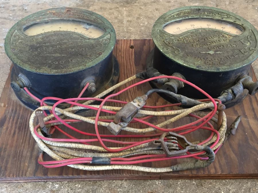 Large Antique Jewell Electrical Instrument Company Industrial Metal Voltmeter And Ammeter Gauges Mounted On Board With Wires Chicago Ill USA [Photo 16]