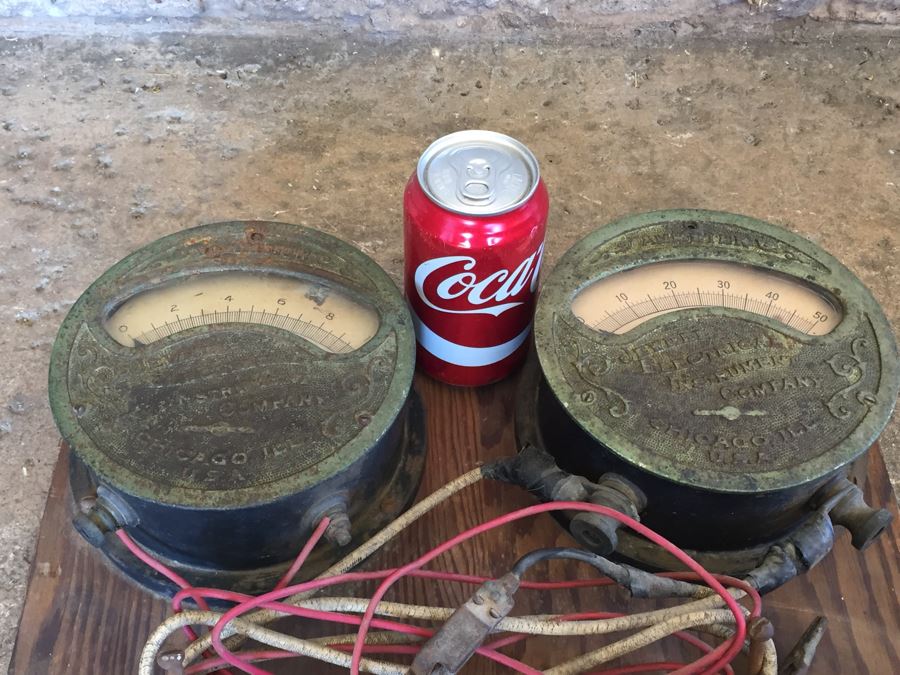 Large Antique Jewell Electrical Instrument Company Industrial Metal Voltmeter And Ammeter Gauges Mounted On Board With Wires Chicago Ill USA [Photo 21]