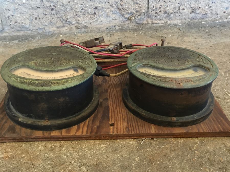 Large Antique Jewell Electrical Instrument Company Industrial Metal Voltmeter And Ammeter Gauges Mounted On Board With Wires Chicago Ill USA [Photo 23]