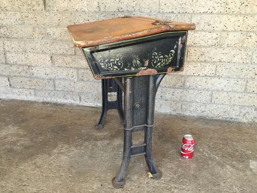Vintage Metal And Wood Child's School Desk With Inkwell Gold Stencil [Photo 3]