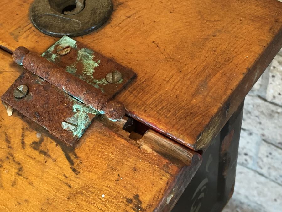 Vintage Metal And Wood Child's School Desk With Inkwell Gold Stencil [Photo 12]