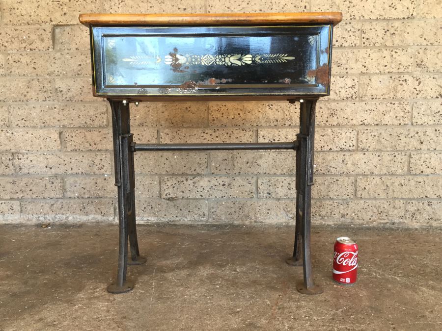Vintage Metal And Wood Child's School Desk With Inkwell Gold Stencil [Photo 18]