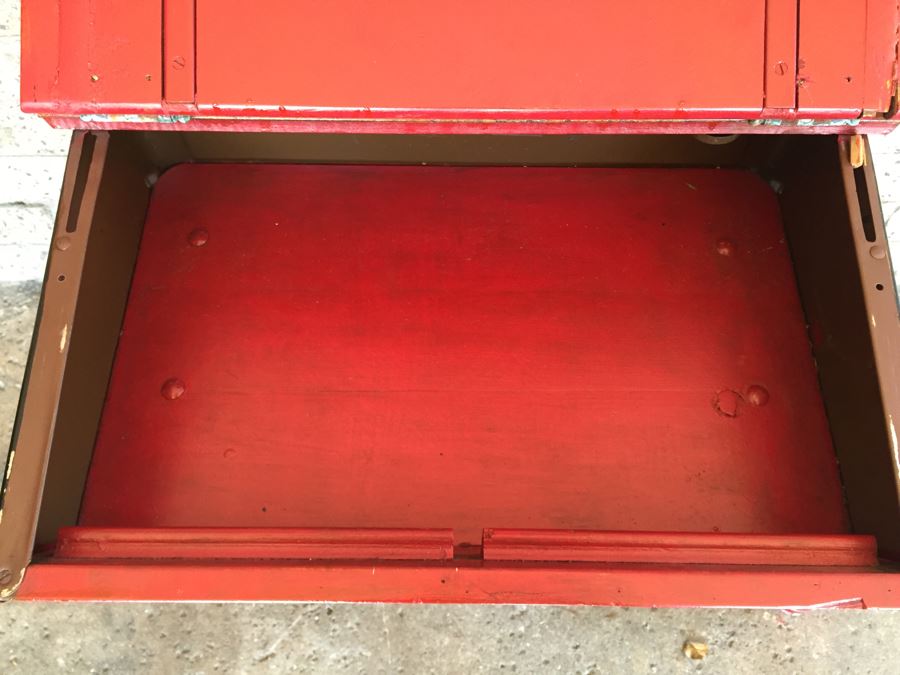 Vintage Metal And Wood Child's School Desk With Inkwell Gold Stencil [Photo 14]