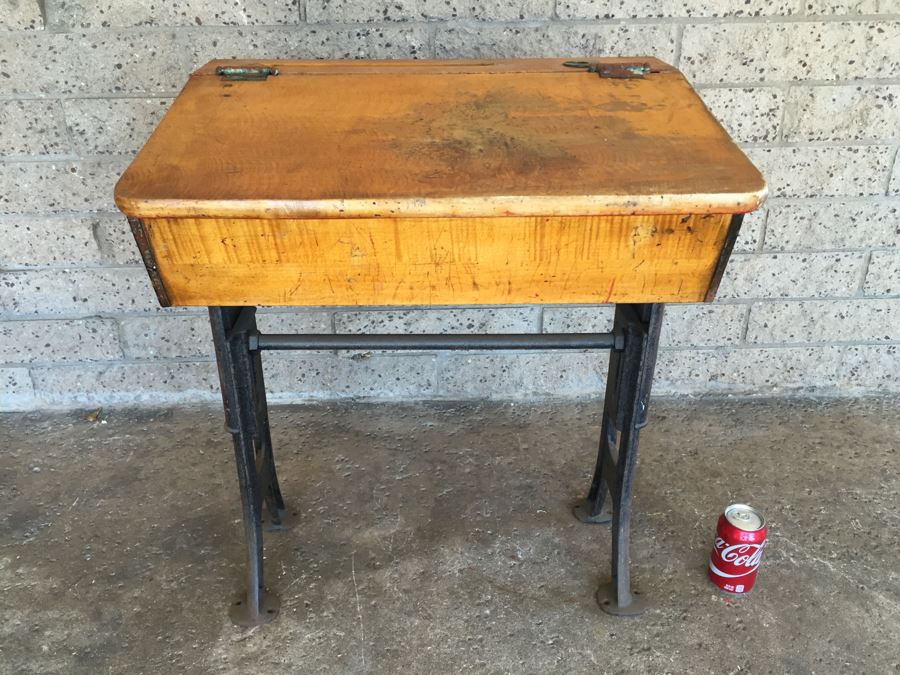 Vintage Metal And Wood Childs School Desk With Inkwell Gold Stencil