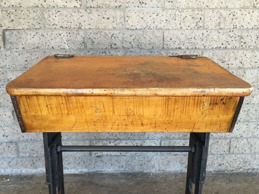 Vintage Metal And Wood Child's School Desk With Inkwell Gold Stencil [Photo 5]