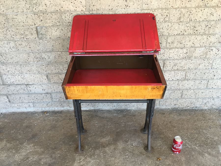 Vintage Metal And Wood Child's School Desk With Inkwell Gold Stencil [Photo 10]