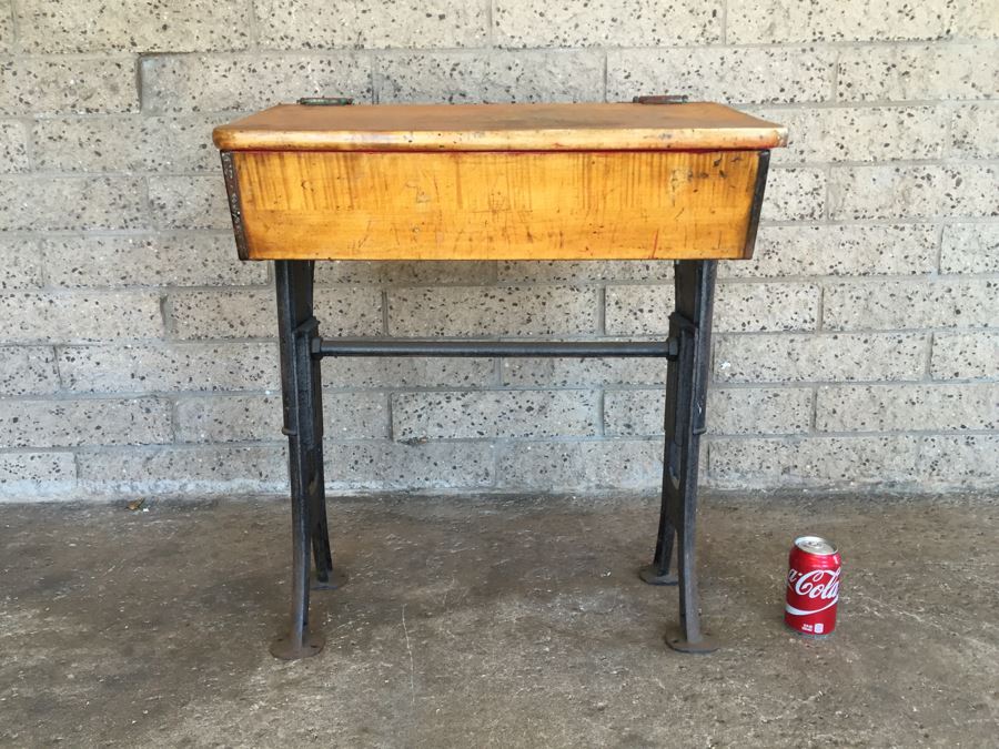 Vintage Metal And Wood Child's School Desk With Inkwell Gold Stencil [Photo 1]