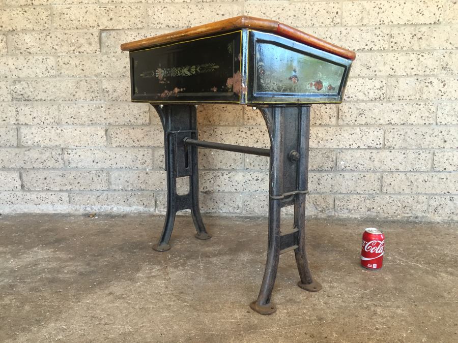 Vintage Metal And Wood Child's School Desk With Inkwell Gold Stencil [Photo 20]