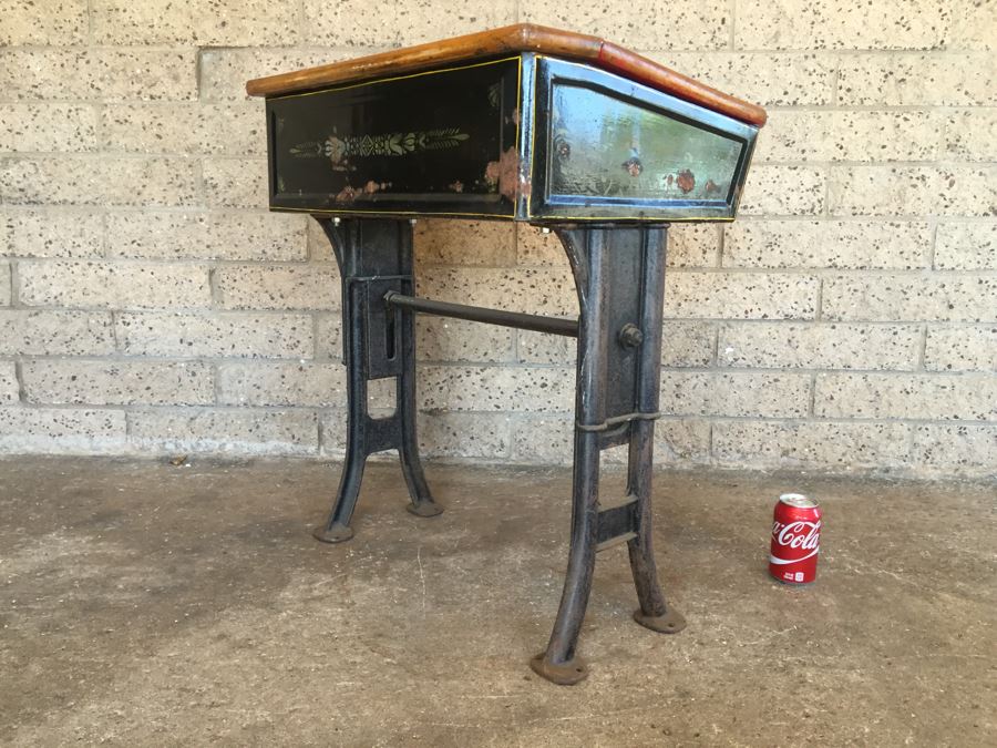 Vintage Metal And Wood Child S School Desk With Inkwell Gold Stencil