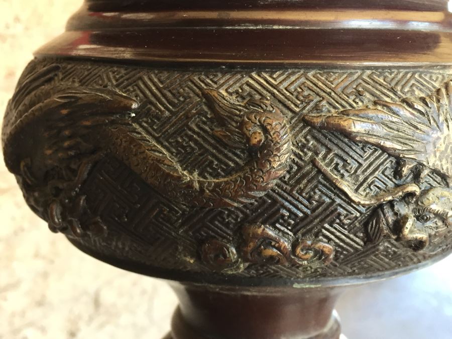 Large Stunning BRONZE Asian Floor Lamp Ornately Decorated In Relief With Various Mythical Animals [Photo 6]