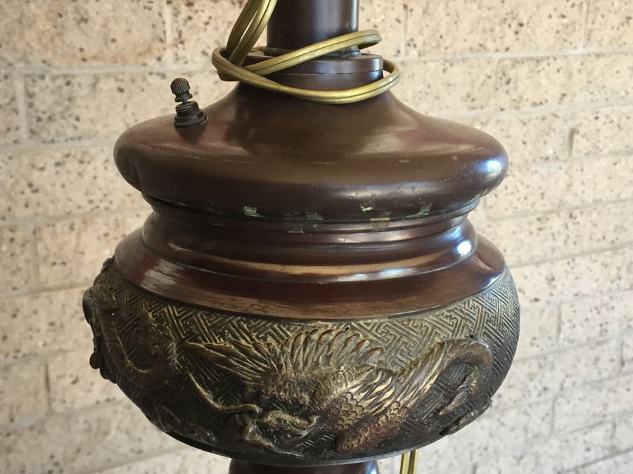 Large Stunning BRONZE Asian Floor Lamp Ornately Decorated In Relief With Various Mythical Animals [Photo 5]