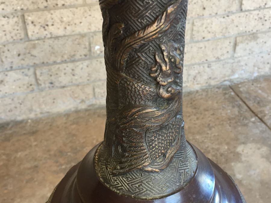 Large Stunning BRONZE Asian Floor Lamp Ornately Decorated In Relief With Various Mythical Animals [Photo 11]