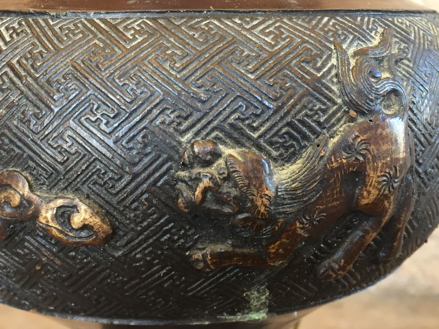 Large Stunning BRONZE Asian Floor Lamp Ornately Decorated In Relief With Various Mythical Animals [Photo 21]