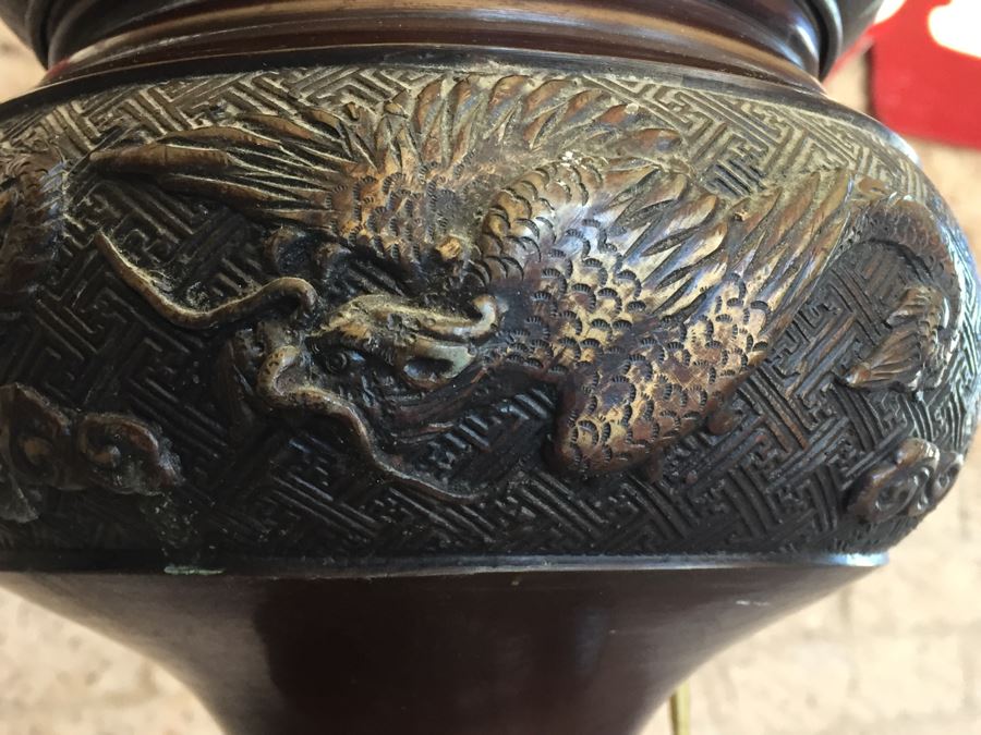 Large Stunning BRONZE Asian Floor Lamp Ornately Decorated In Relief With Various Mythical Animals [Photo 2]