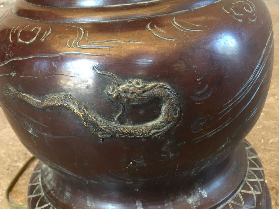 Large Stunning BRONZE Asian Floor Lamp Ornately Decorated In Relief With Various Mythical Animals [Photo 22]