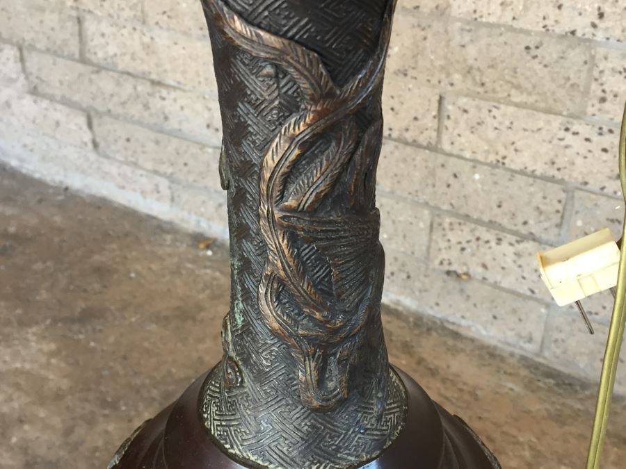 Large Stunning BRONZE Asian Floor Lamp Ornately Decorated In Relief With Various Mythical Animals [Photo 10]