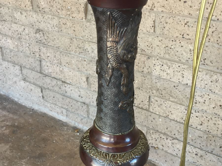 Large Stunning BRONZE Asian Floor Lamp Ornately Decorated In Relief With Various Mythical Animals [Photo 8]
