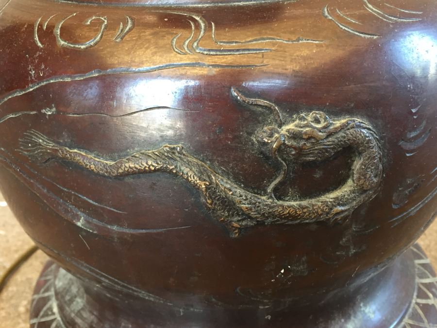 Large Stunning BRONZE Asian Floor Lamp Ornately Decorated In Relief With Various Mythical Animals [Photo 19]