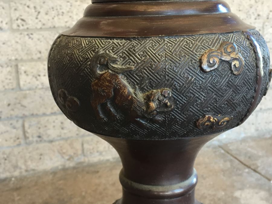 Large Stunning BRONZE Asian Floor Lamp Ornately Decorated In Relief With Various Mythical Animals [Photo 12]