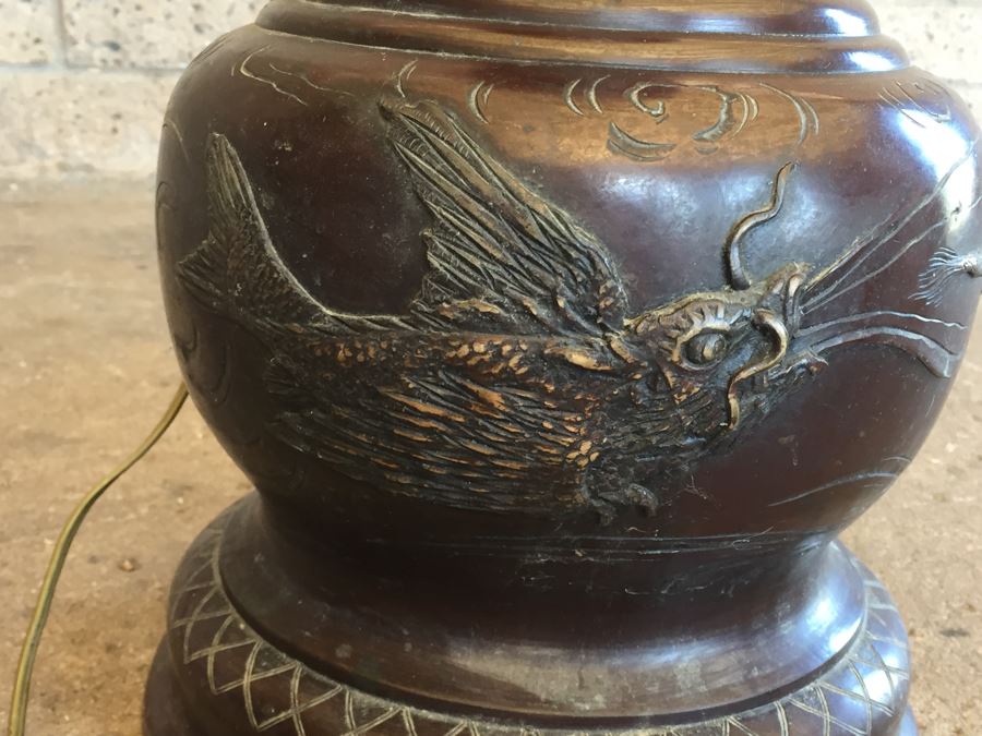 Large Stunning BRONZE Asian Floor Lamp Ornately Decorated In Relief With Various Mythical Animals [Photo 16]