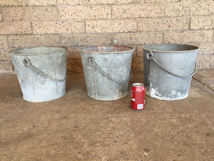 (3) Large Galvanized Industrial Buckets With Handles [Photo 1]