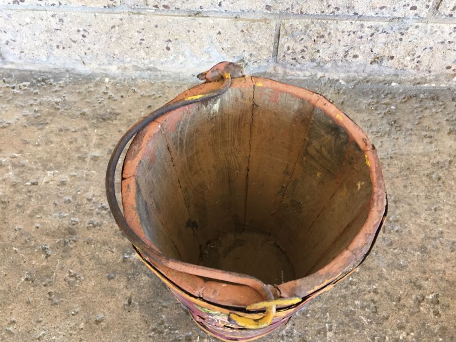 Vintage Hand Painted Wooden Bucket With Handle