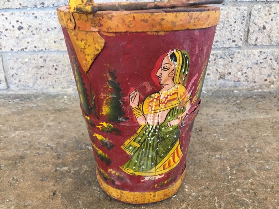 Vintage Hand Painted Wooden Bucket With Handle [Photo 5]