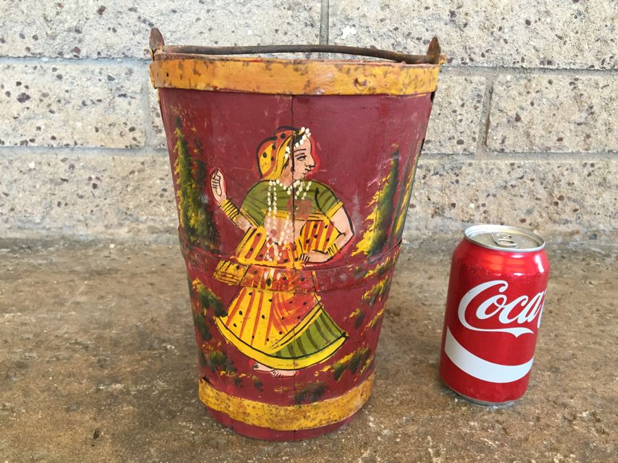 Vintage Hand Painted Wooden Bucket With Handle [Photo 1]