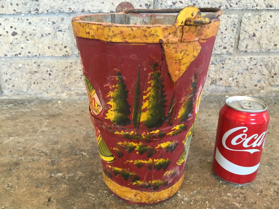 Vintage Hand Painted Wooden Bucket With Handle [Photo 4]
