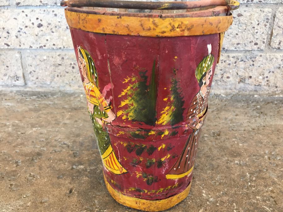 Vintage Hand Painted Wooden Bucket With Handle [Photo 7]