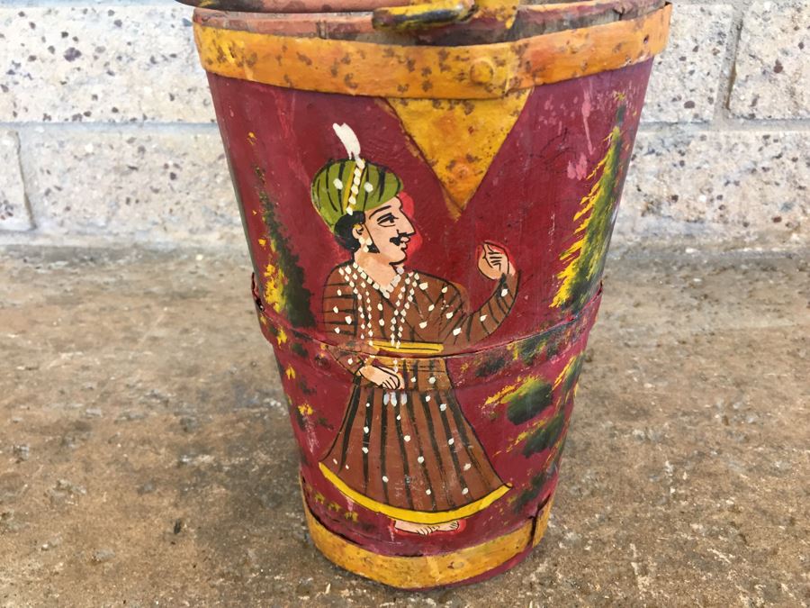 Vintage Hand Painted Wooden Bucket With Handle [Photo 8]