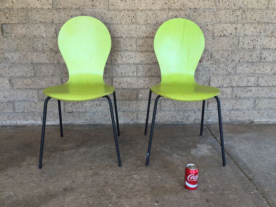 Pair Of Lime Green Bent Plywood Chairs Made In France [Photo 1]