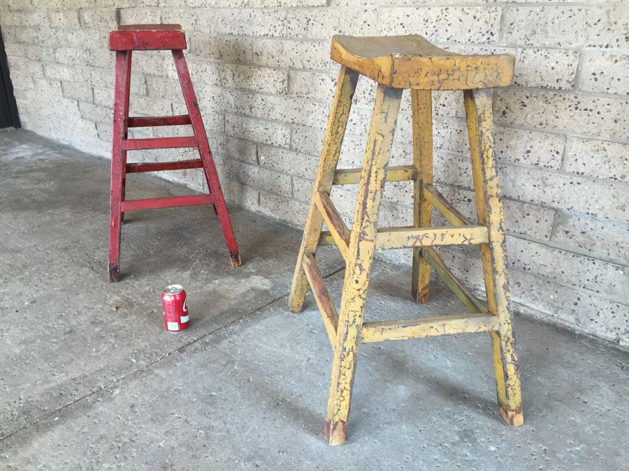 Pair Of Vintage Wooden Painted Stools [Photo 9]