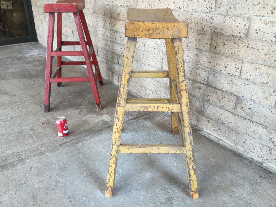 Pair Of Vintage Wooden Painted Stools [Photo 10]