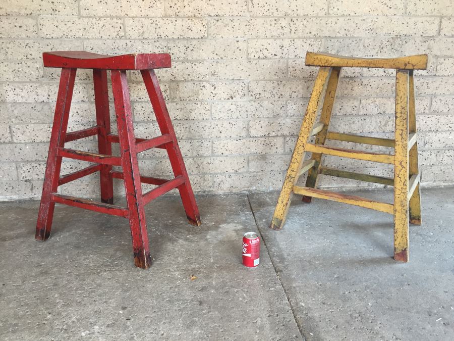 Pair Of Vintage Wooden Painted Stools [Photo 1]