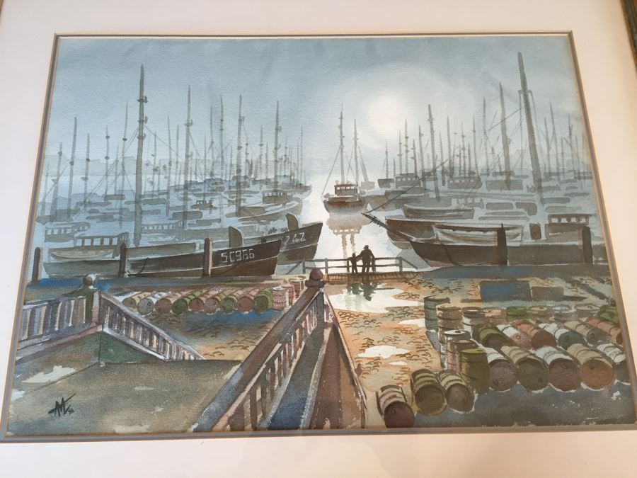 Framed Watercolor Of Harbor Scene 1972 Artist Unknown [Photo 4]