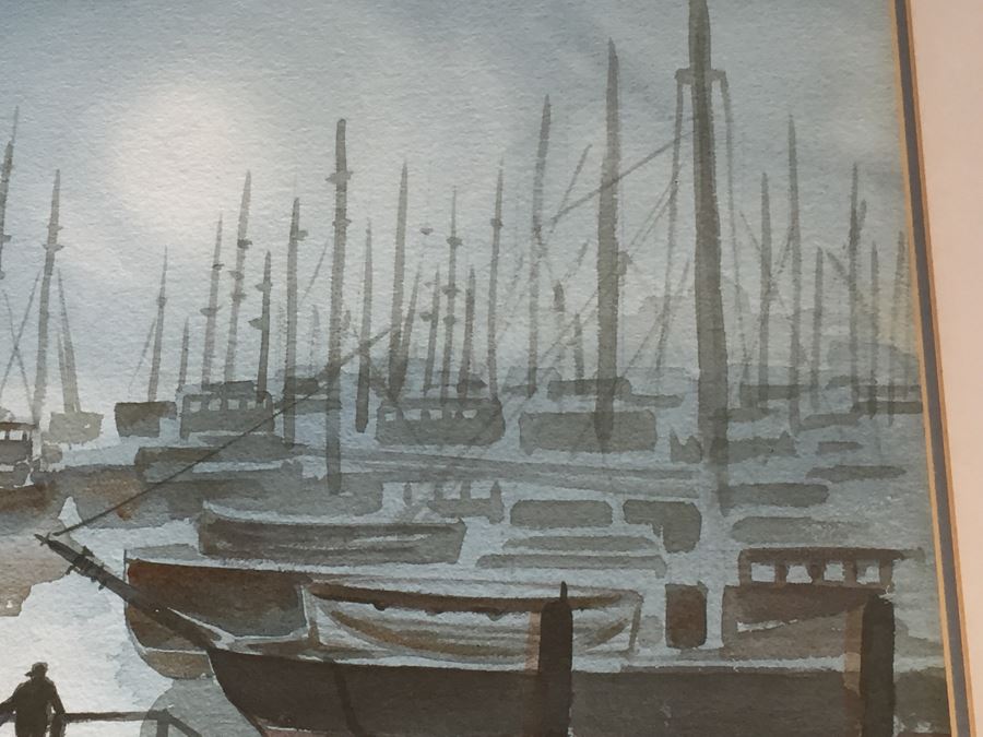 Framed Watercolor Of Harbor Scene 1972 Artist Unknown [Photo 6]