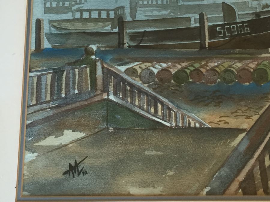 Framed Watercolor Of Harbor Scene 1972 Artist Unknown [Photo 8]