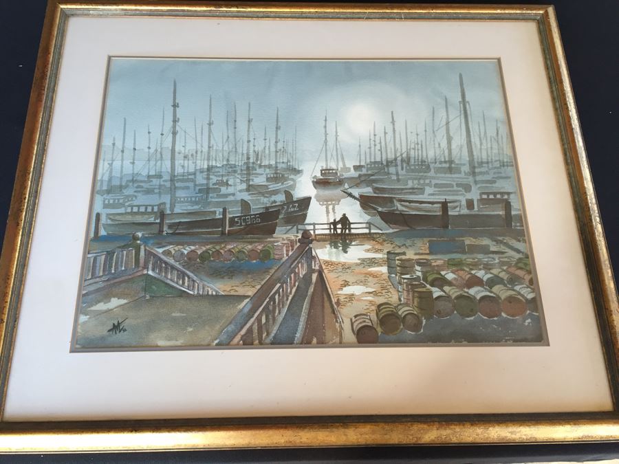 Framed Watercolor Of Harbor Scene 1972 Artist Unknown [Photo 1]