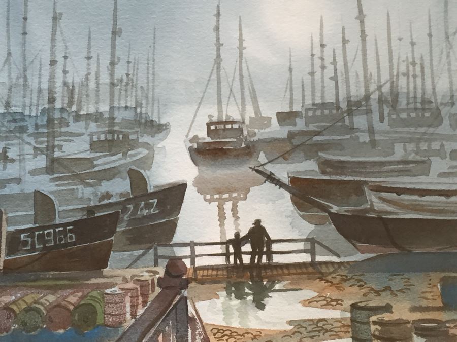 Framed Watercolor Of Harbor Scene 1972 Artist Unknown [Photo 2]