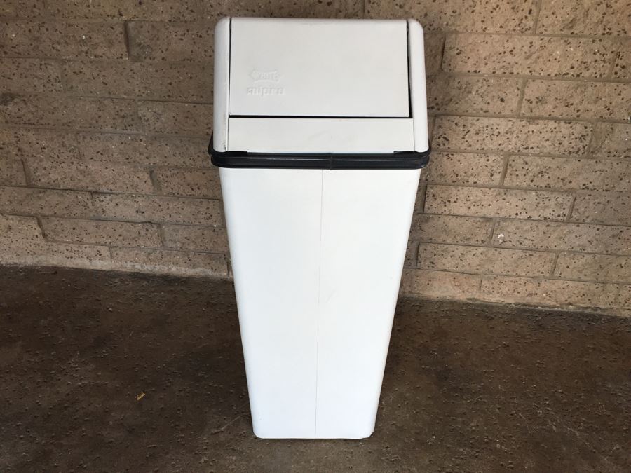 Industrial White Metal Waste Basket With Swinging Top [Photo 1]