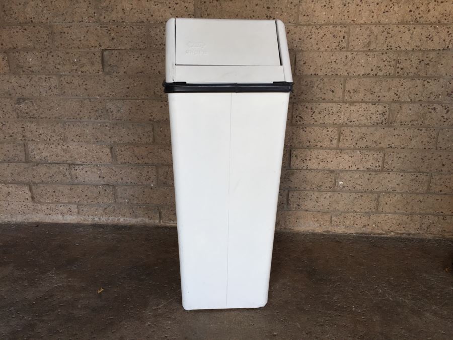 Industrial White Metal Waste Basket With Swinging Top [Photo 2]