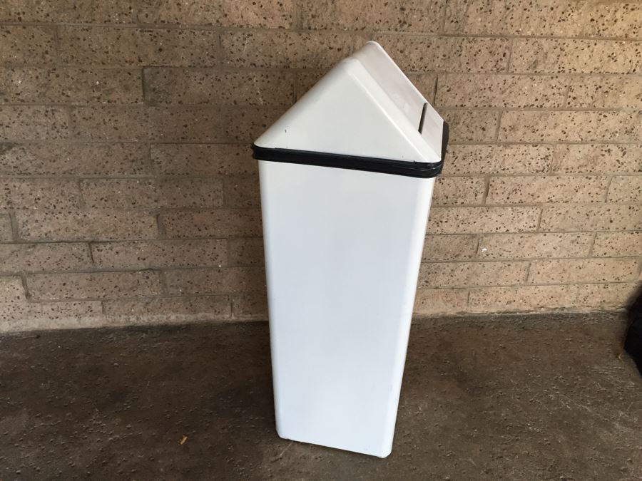 Industrial White Metal Waste Basket With Swinging Top [Photo 6]