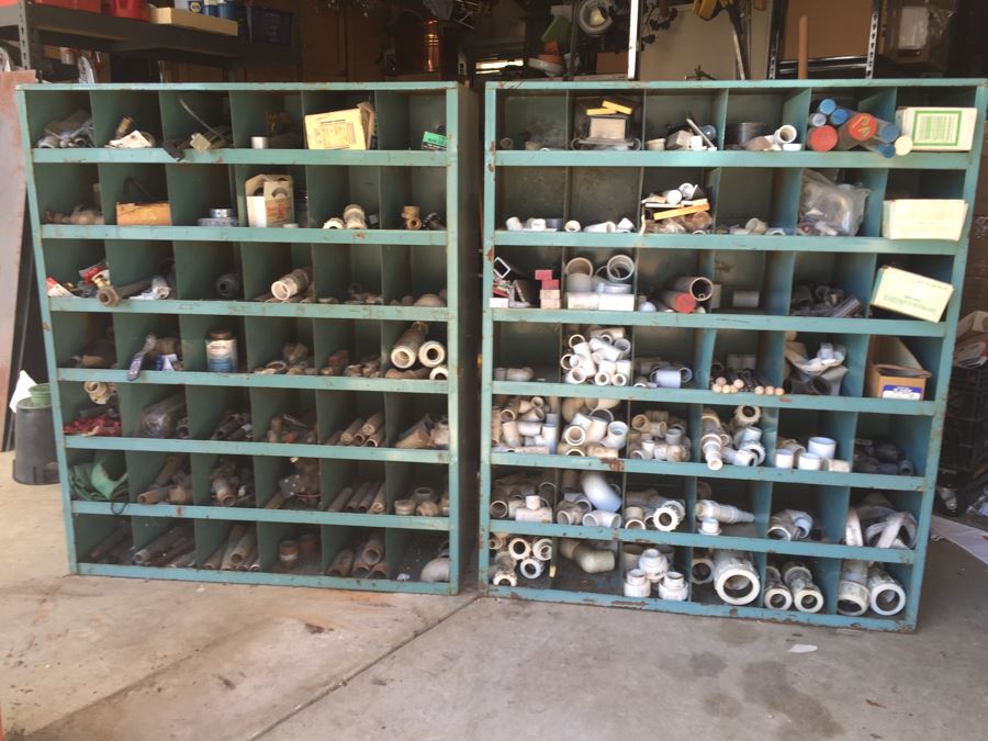 Industrial Painted Metal Storage Cabinets Packed With Plumbing Supplies, Bar Stock And Goodies