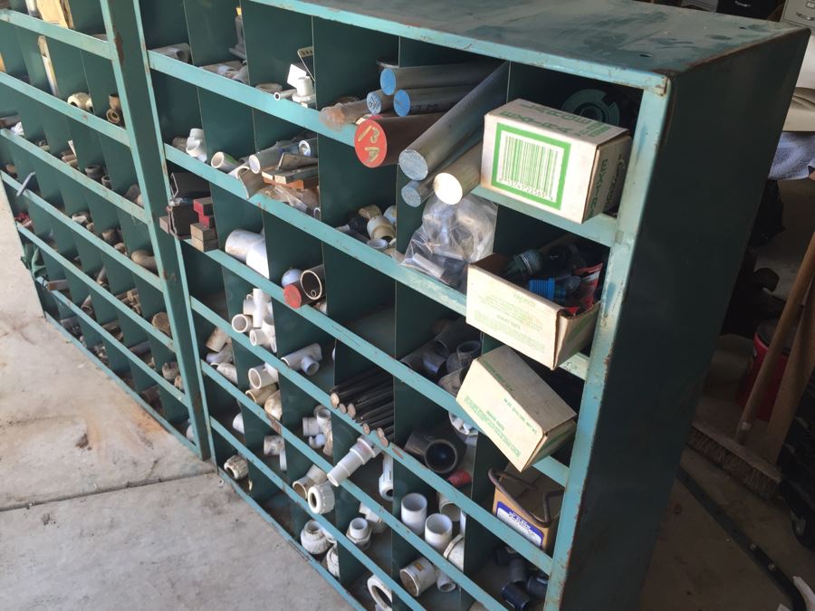 Industrial Painted Metal Storage Cabinets Packed With Plumbing Supplies, Bar Stock And Goodies [Photo 2]