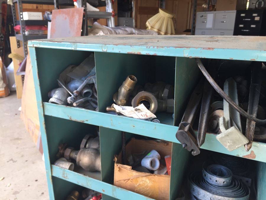 Industrial Painted Metal Storage Cabinets Packed With Plumbing Supplies, Bar Stock And Goodies [Photo 22]