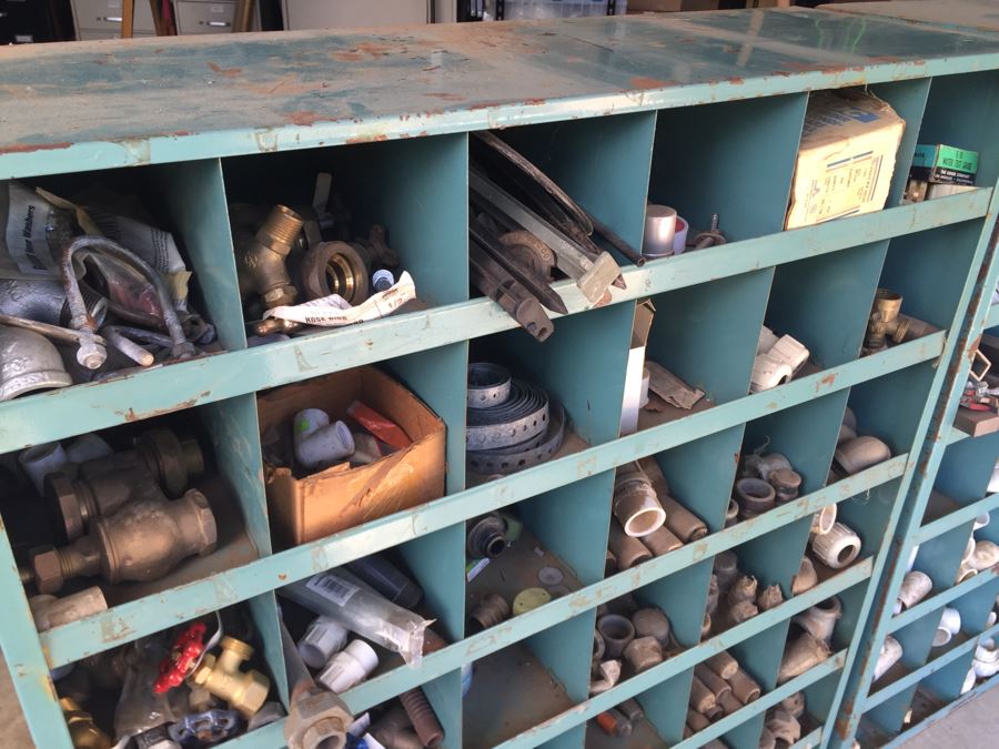 Industrial Painted Metal Storage Cabinets Packed With Plumbing Supplies, Bar Stock And Goodies [Photo 10]