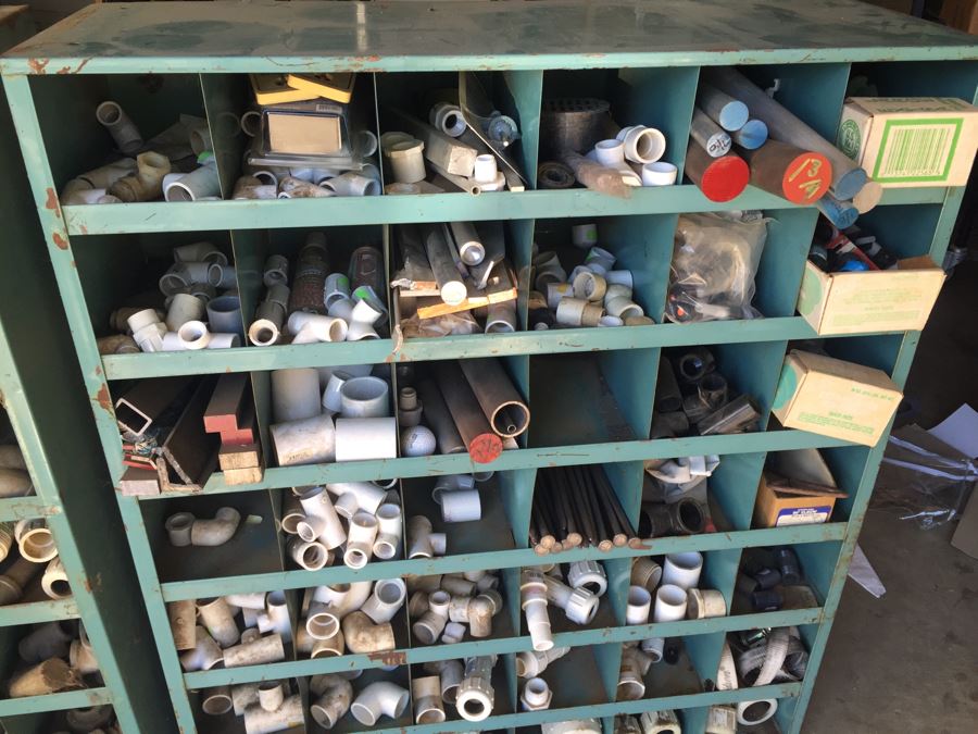 Industrial Painted Metal Storage Cabinets Packed With Plumbing Supplies, Bar Stock And Goodies [Photo 3]