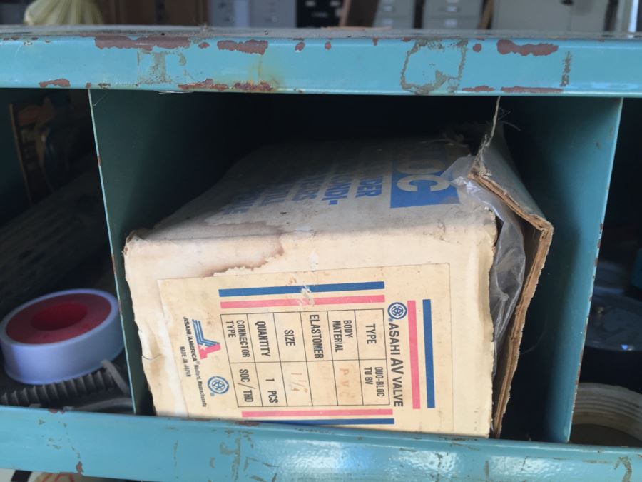 Industrial Painted Metal Storage Cabinets Packed With Plumbing Supplies, Bar Stock And Goodies [Photo 20]