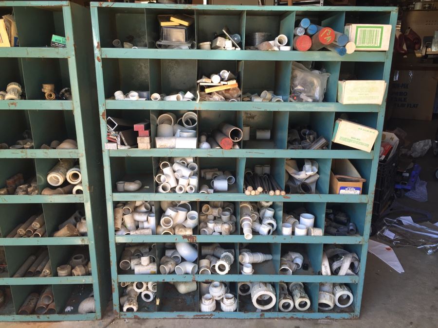 Industrial Painted Metal Storage Cabinets Packed With Plumbing Supplies, Bar Stock And Goodies [Photo 4]